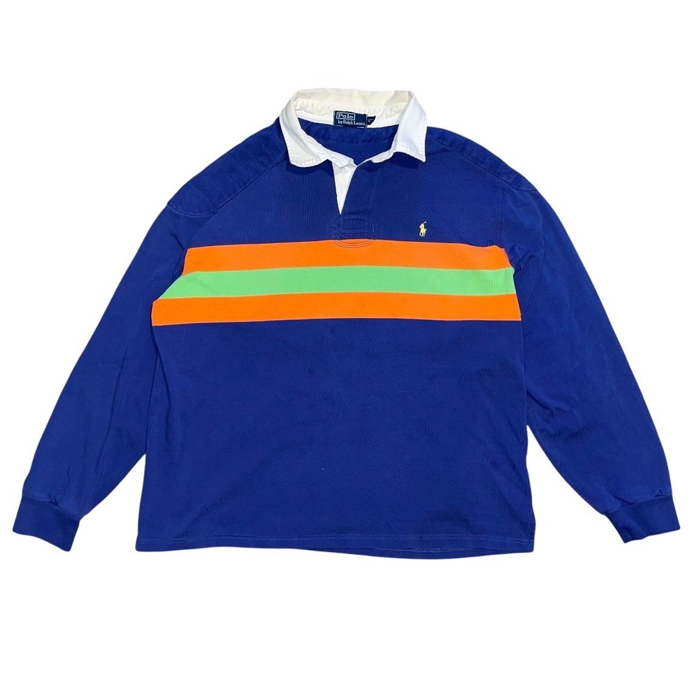 Polo Ralph Lauren Mens XXL Rugby Shirt Blue Orange Green Stripe Elbow Patch XXL